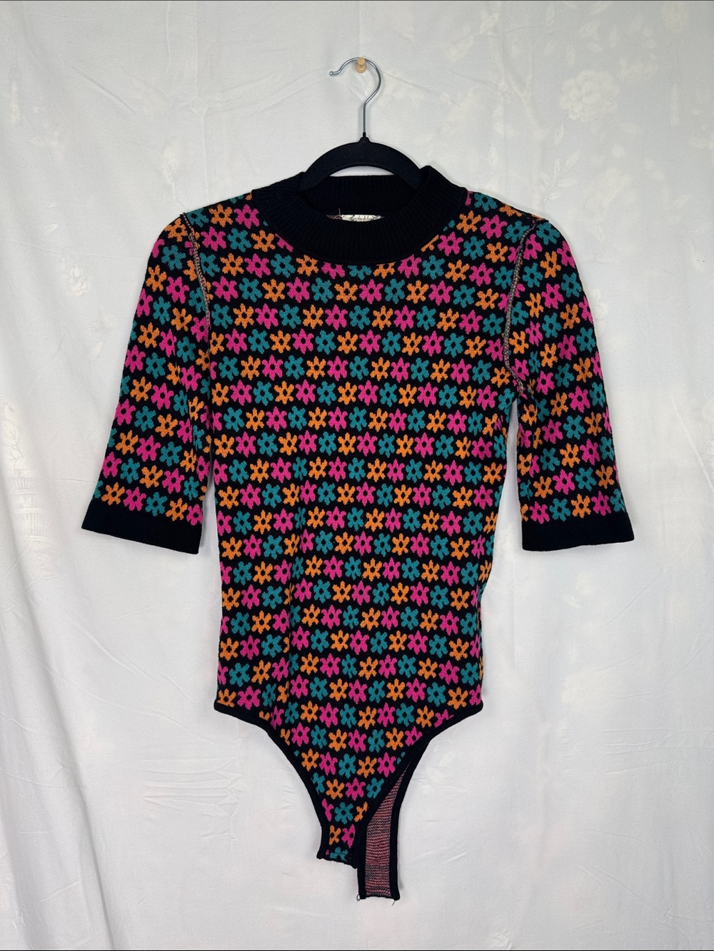 Free People Black Knit Floral-Pattern Bodysuit with Pink, Teal & Orange